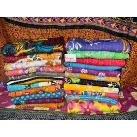 Gajanad Artistry One Piece Vintage Kantha Quilts Reversible Bohemian Home Decor Handmade Indian Blanket Twin Size 85X55 Inches Assorted Multicolor