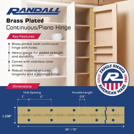 2', 3', 4', or 6' Lengths Nickel or Brass Plated 1 1/16" Continuous Hinge/Piano Hinge (Brass Plated, 6 FT)