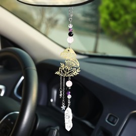 Pyotivol Car Rear View Mirror Accessories Hanging Car Ornament Unique Cute Mushroom Boho Rearview Decor Charm Handmade Clear Quartz&White Jade Crystal Beads Swinging Interior Decor for Women Men