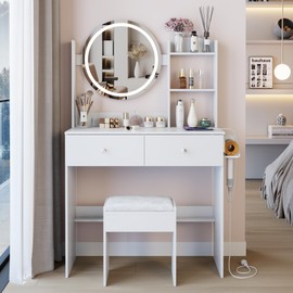 17" Round LED Mirror Vanity Table with 3 Color Options, Touch Switch, Adjustable Brightness, 2 AC + 2 USB Power Sockets - Stylish 2-in-1 Makeup & Grooming Station