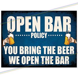 Metal Signs - OPEN BAR POLICY Logo. Man Cave Tin Metal Sign Hanging Wall Plaque Kitchen Shed Garage. Medium (20cm x 15cm)