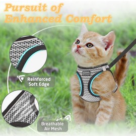 Cat Harness and Leash for Walking Escape Proof, Adjustable Kitten Vest Harness Reflective Soft Mesh Puppy Harness for Outdoor, Comfort Fit, Easy to Control (Gray, XS)