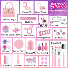 31 Pieces Children's Make-Up Set Girls Make-Up Case Girls Make-Up Set Girls for Make-Up 3 4 5 6 7 8 9 10 11 12 Years Make-Up Box from Cosmetics Washable Unicorn Make-Up Tool