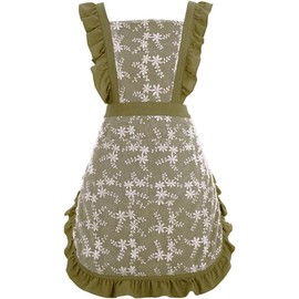 Apron Dress for Women with Pockets Cute Floral Chef Aprons for Kitchen Cooking Baking Gardening - Color: Army Green