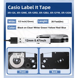 Aonomi Replacement for Casio Label Tape XR-12X XR-12WE XR-12RD XR-12BU XR-12YW XR-12GN 12mm 1/2 Inch for Casio KL120 KL60 KL7200 KL-100 Label Makers (Clear, White, Red, Blue, Yellow, Green) 6-Pack