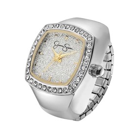 Jessica Simpson Women's Silver Adjustable Ring Watch – Crystal Bezel, Quartz Analog Mini Dial, Stretch Band Fashion Jewelry Accessory