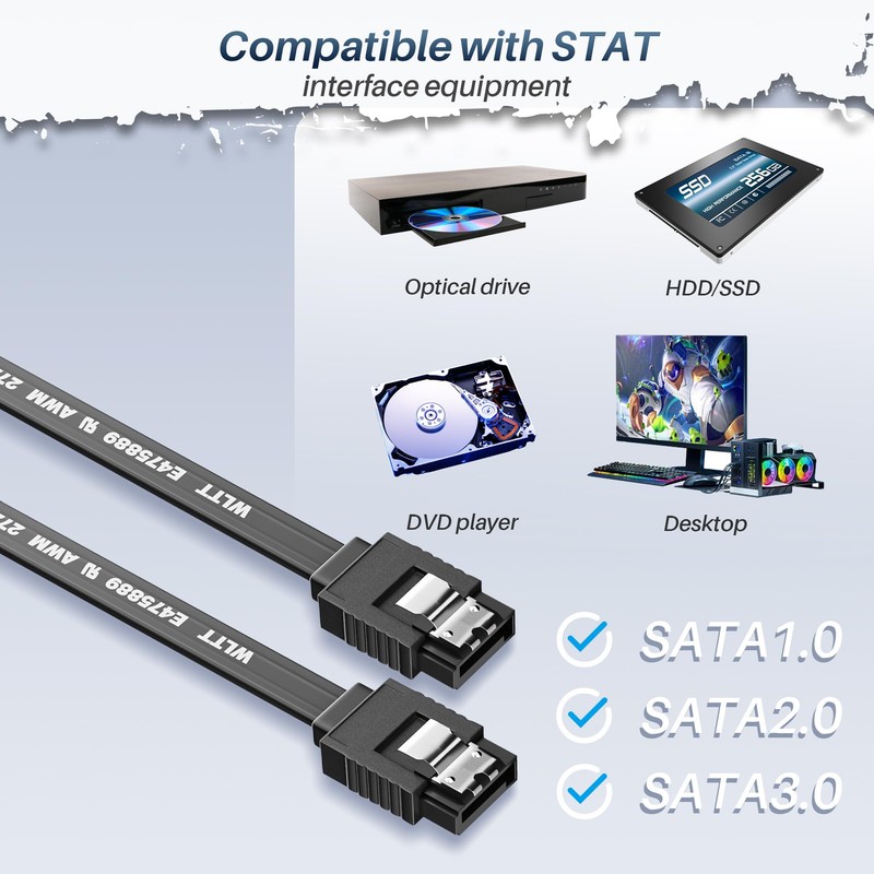 SATA Cable III 0.6FT (2-Pack), 7-Pin Straight Angle Connector, 6Gbps