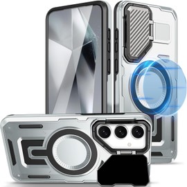 EMMPITU Magnetic Case for Galaxy S24 with Kickstand, Compatible with MagSafe, Premium Metal Camera Cover Case for Samsung S24, Military-Grade Protection Phone Case for Samsung Galaxy S24 (Grey)