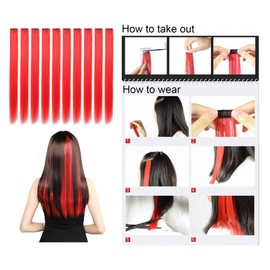22 Inch Colored Party Highlights Straight Hair Clip Extension / Colored Clip in Hair Extensions Rainbow Heat-Resistant Synthetic Straight - Cospaly Fashion Party Christmas Gift For Kids Girls(10 Pcs) (10 Pcs ~Red)