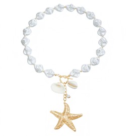 Seashell Starfish Pendent Necklace White Cowrie Pearl Mermaid Irregular Chunky Necklace Summer Beach Jewelry for Women (White Shell)