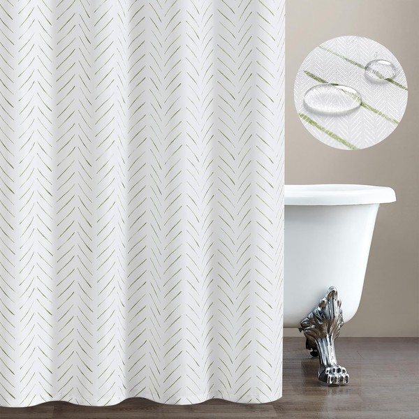 TOPICK Green and White Herringbone Chevron Modern Shower Curtain for
