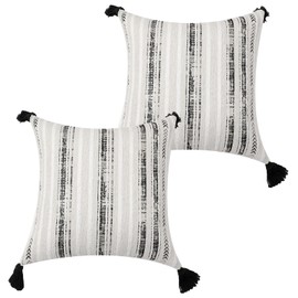 2 Pack Pillow Covers Neutral Pillowcase with Tassels Woven Striped Square Cushion Case for Farmhouse Living Room Home Decor 18x18 White