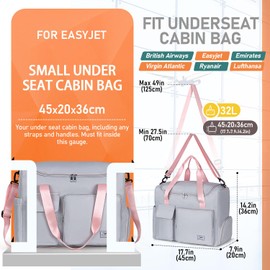 FIORETTO for Easyjet Airlines Cabin Bag 45x36x20 Underseat Travel Duffle Bag Holdall Tote Carry on Luggage Holdall for Women and Men with Shoulder Strap Grey&Pink