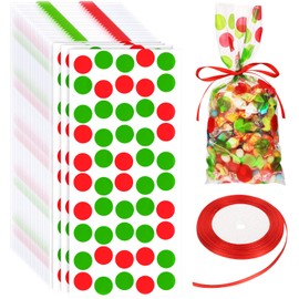 100 Pieces Christmas Cellophane Treat Bags Red and Green Polka Dot Cello Bags Plastic OPP Candy Bags with Ribbon for Christmas Party Supplies