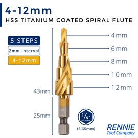 4mm to 12mm Spiral Flute Step Drill Bit, High Speed Steel Titanium Coated, Metric Hex Shank, HSS Tool For DIY Plastic Wood Steel Metal Aluminum Copper. Cone Cutter Hole Cutter Drill Bit