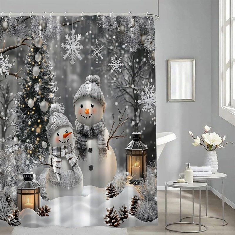 JONSEQIN Merry Christmas Snowman Shower Curtain, Grey, 70x70 inch