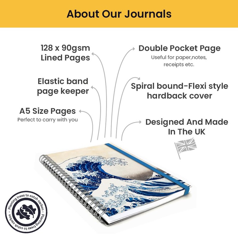 A5 Spiral Bound Journal Notebook Hokusai Japanese Artist, Great Wave