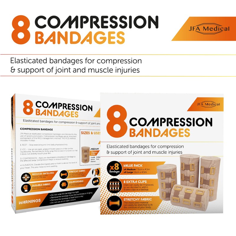 JFA Medical Elastic Compression Bandage Wrap - 8 Pack +
