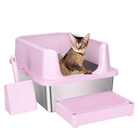 RIZZARI Open Cat Litter Box: Large Pink Stainless Steel Litter Pan with Teflon Non-Stick Coating - High Sided Splash-Proof Easy Clean Toilet for Cats up to 20 lbs - Ideal for Living Rooms - Apartments