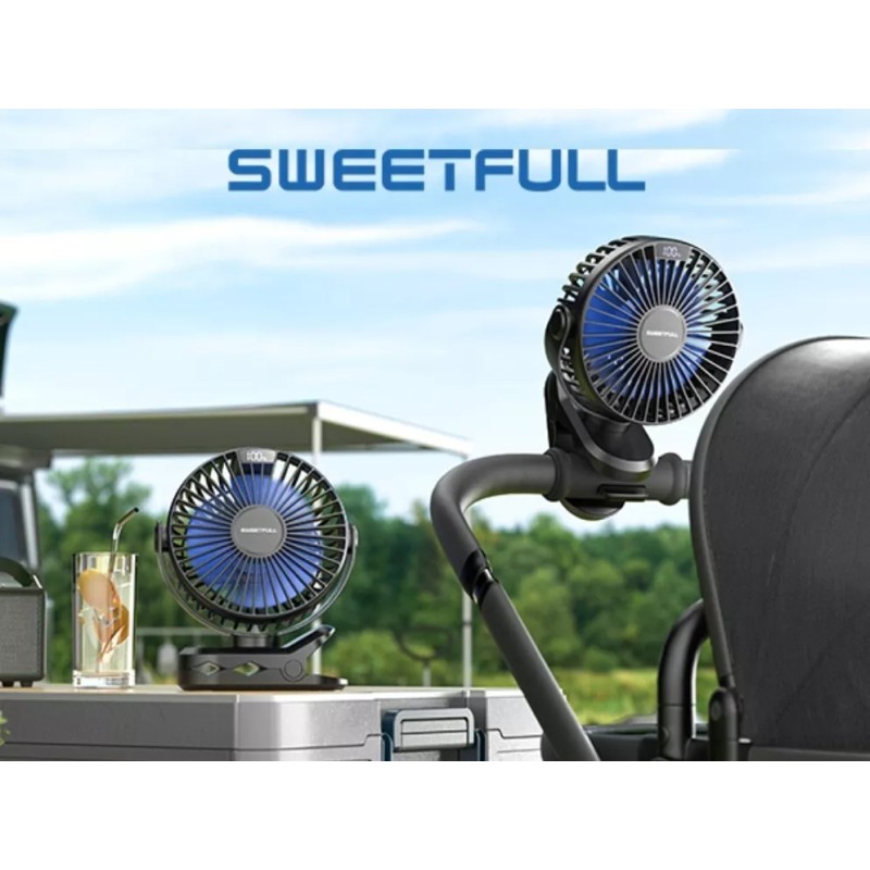 Sweetfull Portable Clip-on Fan 4000mAh Rechargeable LED Display 4 Speeds