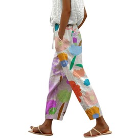 chouyatou Women's Vintage Floral Print High Elastic Waist Wide Leg Capri Beach Palazzo Pants with Pockets (Large, Flower)