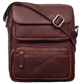 ROYALZ 'Florida' Men's Small Leather Vintage Look Shoulder Bag Men's Mini Messenger Bag Leather Bag, Roma Cognac Brown