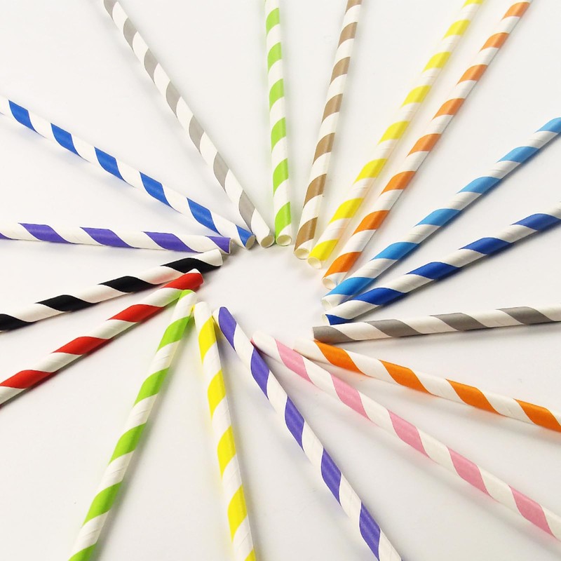 100PCS Biodegradable Paper Straws, Assorted Rainbow Colors Striped, 10 Colors