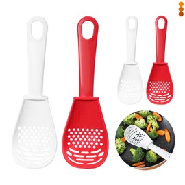 4 Pieces Multifunctional Kitchen Cooking Spoon, Plastic Slotted Spoon with Long Handle, Heat Resistant Strainer Scoop for Dripping, Mashing, Grinding, Separating (Red, White)