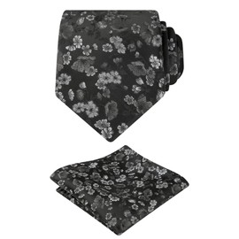 Alizeal Mens 3.15inches Flower Patterned Tie with Floral Printed Pocket Square, Black+White-new