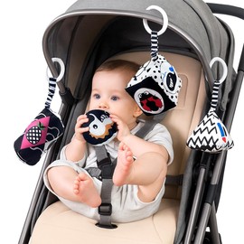 DIFLAX Pack of 4 Pram Hanging Toys, Black and White Toys, Contrast Toy, Baby Hanging Toy, Sensory Toy, Newborn, Montessori, Pram Chain (4 Styles)