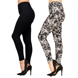 Lildy Women’s Super Soft Leggings (2 Pack), Stretchable No See-Through Material, Black Paisley/Black, Small-Large