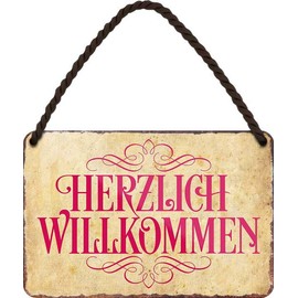 WOGEKA ART Retro Tin Sign – Herzlich Willkommen – Funny Saying as a Gift Idea for Birthday Christmas Decoration 18 x 12 cm Vintage Design Hanging Sign Metal HS271