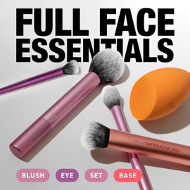 Real Techniques, Everyday Essentials, Set de Brochas de Maquillaje con Esponja Multifuncional, Kit de Accesorios Esenciales, Juego de Brochas para Maquillar Ojos, Mejillas y Rostro, 5 piezas