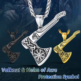 FaithHeart Retro Viking Style Mjölnir Pendant Necklace with Scandinavian Aegishjalmur Wolf, Valknut, Nordic Amulet for Men, Stainless Steel,