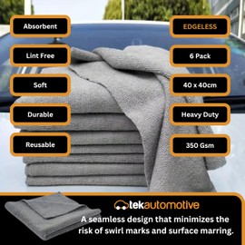 Tek Automotive Edgeless Microfiber Cleaning Cloths Grey 40x40cm Pack of 6 – Lint-Free, 350GSM, Multipurpose Microfibre Cloths for Car Detailing, Cleaning Products, Polishing & Drying Towels