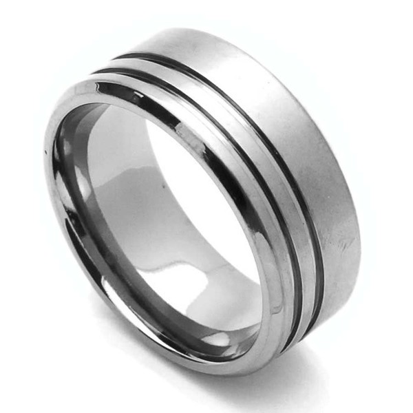 DoubleAccent 9MM Comfort Fit Titanium Wedding Band Beveled Edges Grooved