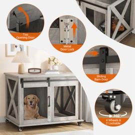 IDEALHOUSE 37'' Dog Crate Furniture Side End Table with Flip Top and Movable Divider, Furniture Style Dog Crate with Wheels,Wooden Dog Crate Table Large, Furniture Style Dog Kennel Side End Table