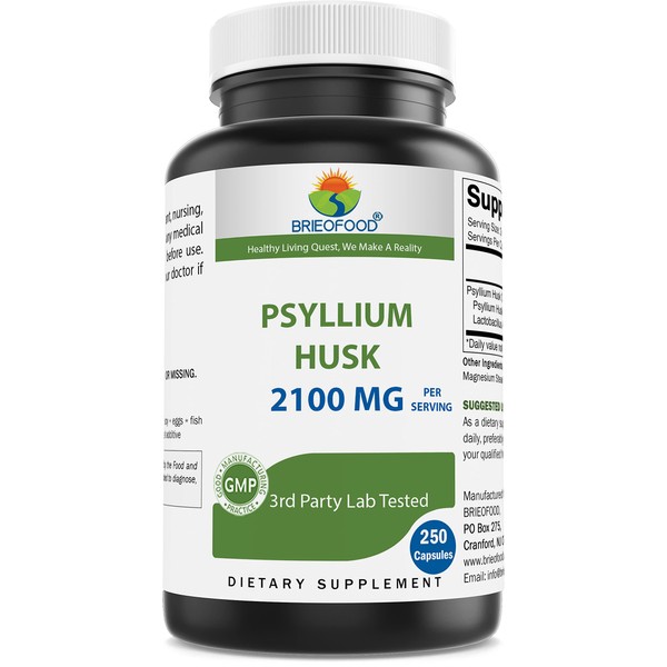 Brieofood Psyllium Husk Fiber Supplement with Lactobaciilus Acidophillus (La-14) - 2100mg per Serving - 250 Capsules - Helps Support Digestion, INTESTINAL Health & Regularity