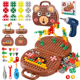 DAOUZL Montessori Toy Box with Drill, Magic Montessori Toy Box, Mosaic Puzzle Toy Drill Screw Tool Set, Montessori Toy from 3 Years (D)