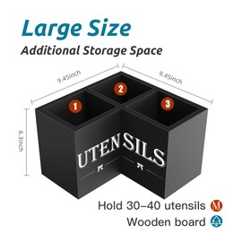 Suli Extra Large Kitchen Utensils Holder with 3 Compartments,Corner Utensil Caddy for Countertop,Wooden Utensil Organizer for Kitchen Countertop, Farmhouse Decor- Black