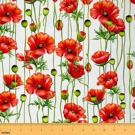 Poppy Flower Fabric by The Yard, Bright Red Floral Upholstery Fabric for Chairs Sofa Couch, Botanical Leaves Outdoor Fabric Waterproof, Decorative Fabric for Home DIY Projects, 1 Yard, White Red