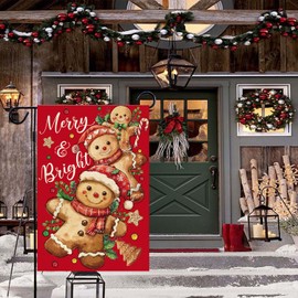 Baccessor Christmas Gingerbread Man Garden Flag 12.5x18 Inch Double Sided Candy Cane Red Merry and Bright Holly Berries Small Flag Seasonal Winter Holiday Yard Outdoor Outside Decoration