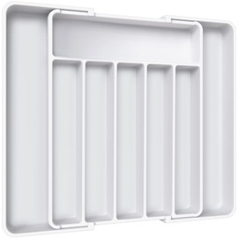Aujen Silverware Organizer - Expandable Kitchen Drawer Organizer, Adjustable Utensil Organizer, Cutlery Tray for Forks, Knives, Multipurpose Kitchen Organizers and Storage Solution, White, Large