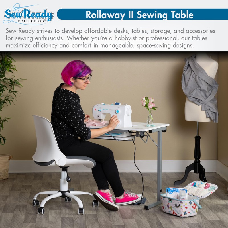 Rollaway II Compact Portable Folding Sewing Table, Silver/White
