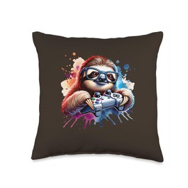 Sloth Gamer With Sunglasses Console Gaming Design Throw Pillow