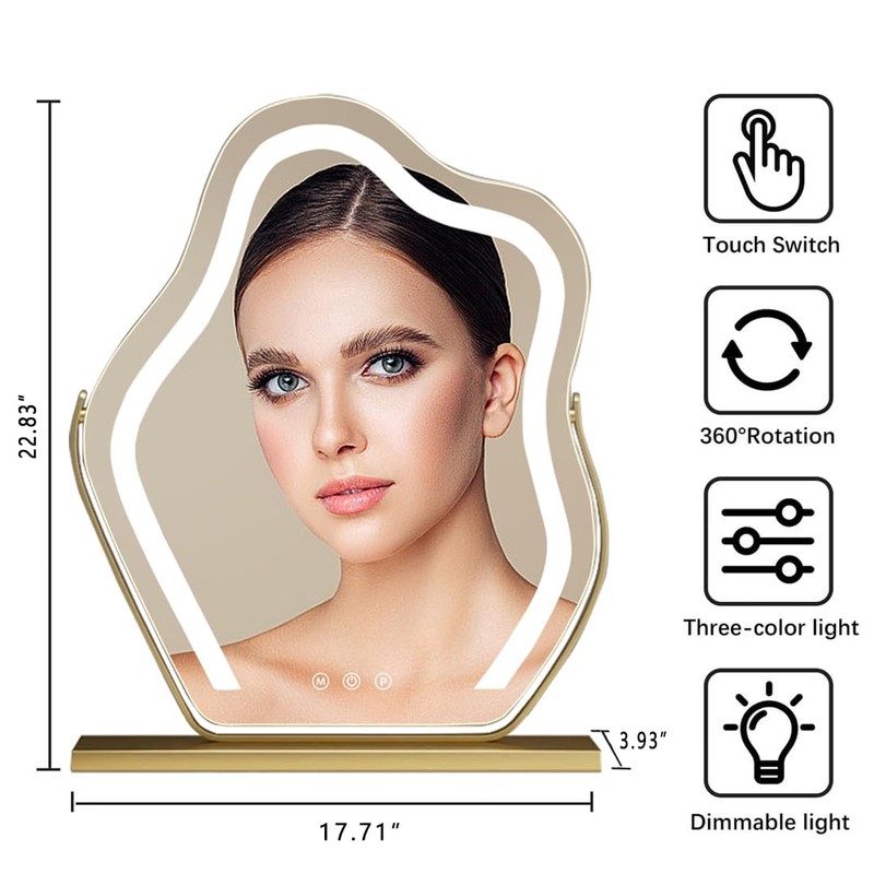 Cloud-Shaped Makeup Mirror with Lights,NO Assembly Required,Painted Gold/Black, 3 Color