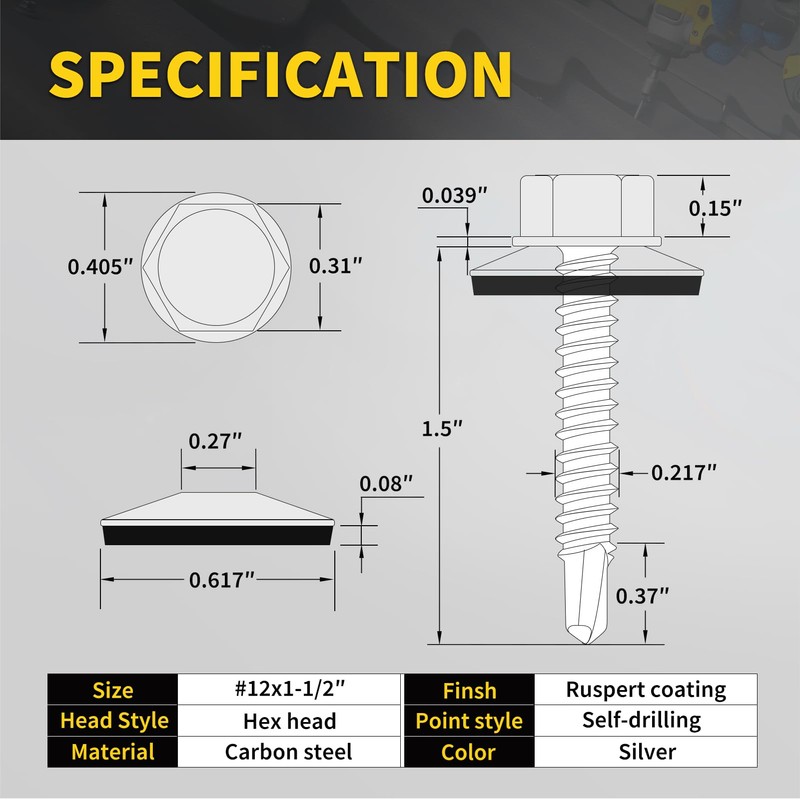 Metal Roofing Screws #12 x 1-1/2", 300 PCS, FIXLINK RUSPERT