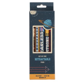 Christian Art Gifts 5 Piece Kids Ballpoint Pen Set for Boys & Girls, Strong & Courageous Inspirational Scripture Multicolor Space Theme Writing Pens, Retractable, Blue Ink, Medium Ballpoint