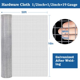 AMAGABELI GARDEN & HOME Hardware Cloth 1/2 inch 16inx50ft Galvanized After Welding 19 Gauge Square Chicken Wire Fence Mesh Roll Raised Garden Bed Plant Supports Poultry Netting Cage Snake Fence