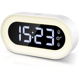 Newest Digital LED Alarm Clock with Smart Night Light, Electronic Desktop Clock with Dual Alarm, Adjustable Brightness, Snooze, Adjustable Volume, 12/24H Display,18 Ringtones for Home, Bedroom,White